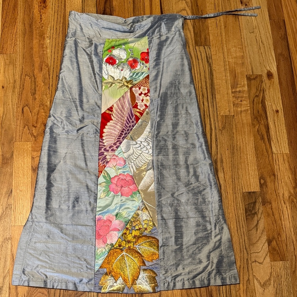 Sachi New York silver raw silk with embroidered sari detail maxi skirt.